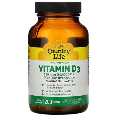 Country Life Vitamin D3, High Potency, 250 mcg (10,000 IU), 200 Softgels