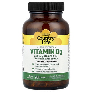 Country Life, Vitamin D3, Potensi Tinggi , 250 mcg (10,000 IU), 200 Kapsul Gel Lembut