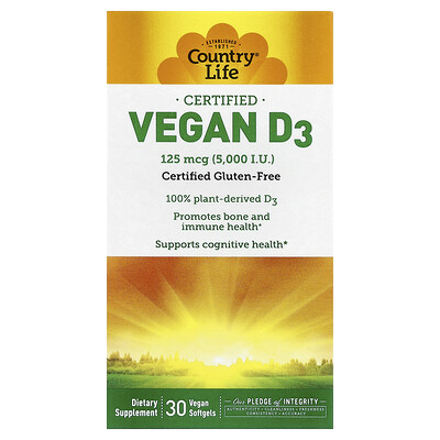Photos - Vitamins & Minerals Country Life , Certified Vegan D3, 125 mcg , 30 Vegan Softgels CLF-05820 (5,000 IU)