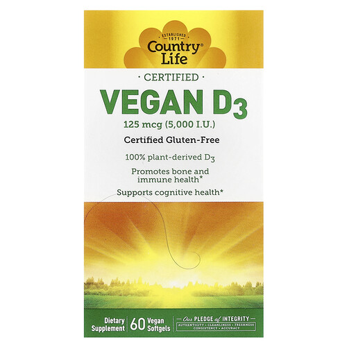Country Life Certified Vegan D3, 125 mcg (5,000 IU), 60 Vegan Softgels