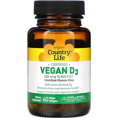 Country Life Vegan D3, 125 mcg (5,000 IU), 60 Vegan Softgels