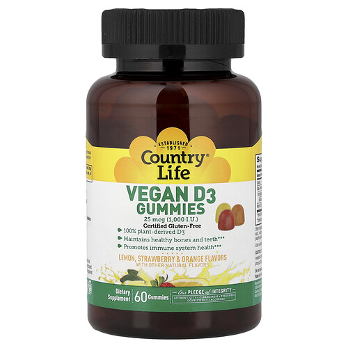 Country Life Vegan Vitamin D3 Gummies, Lemon, Strawberry & Orange, 25 mcg (1,000 IU), 60 Gummies