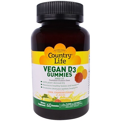 

Country Life Vegan D3 Gummies, Lemon, Strawberry & Orange Flavors, 1000 IU, 60 Gummies