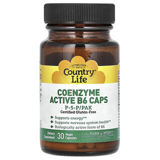 Country Life, Sin Gluten, Coenzima Activo B6 Cápsulas, P-5-P/PAK, 30 Cápsulas Vegetarianas
