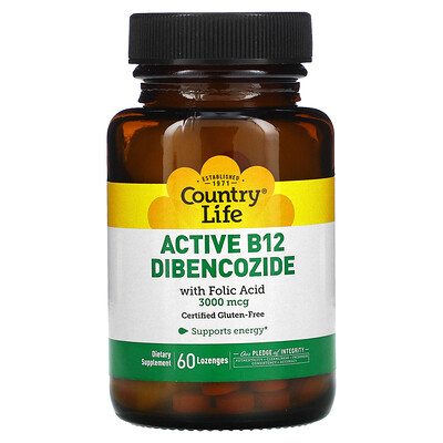 

Country Life, Active B12 Dibencozide with Folic Acid, 3,000 mcg, 60 Lozenges