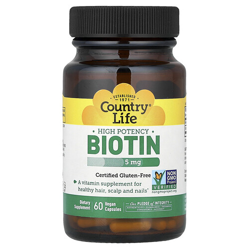 Country Life, High Potency Biotin, Hochwirksames Biotin, 5 mg, 60 vegane Kapseln