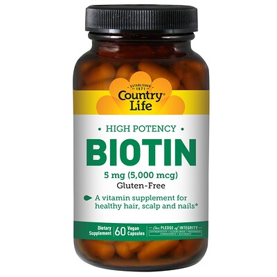 Country Life Биотин, высокая эффективность, 5 мг, 60 вегетарианских капсул