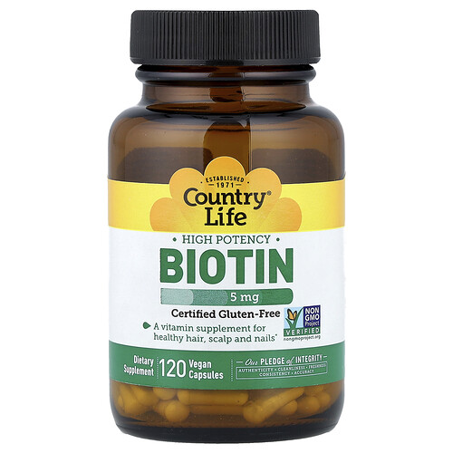 Country Life Biotin, High Potency , 5 mg, 120 Vegan Capsules