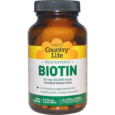 Country Life Высокоэффективный биотин, 10 мг, 120 веганских капсул