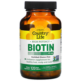 Country Life, Высокоэффективный биотин, 10 мг, 120 веганских капсул