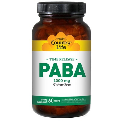 Country Life Пара-аминобензойная кислота (ПАБК) с замедленным высвобождением, 1000 мг, 60 таблеток