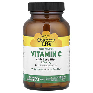 Country Life, Vitamina C de liberación prolongada con rosa mosqueta, 1000 mg, 90 comprimidos