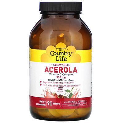 Country Life Ацерола в жевательной форме, комплекс витамина C, со вкусом ягод, 500 мг, 90 пластинок