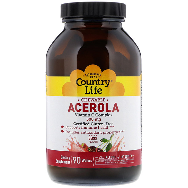 Country Life, Acerola, Vitamin C Chewable, Berry, 500 mg, 90 Wafers