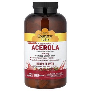 Country Life, Acérola à croquer, Complexe de vitamine C, Fruits rouges, 180 comprimés