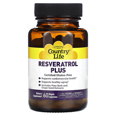 

Country Life Resveratrol Plus, ресвератрол, 60 веганских капсул