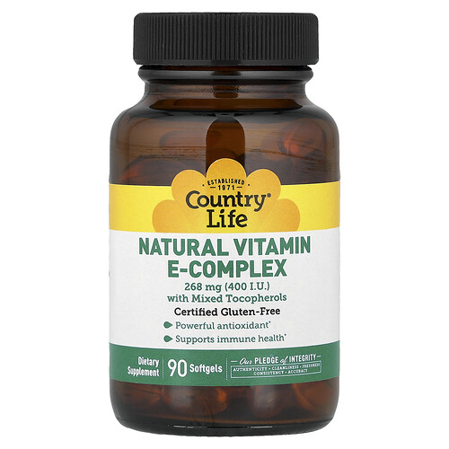 Country Life, Natural Vitamin E-Complex with Mixed Tocopherols, natürlicher Vitamin-E-Komplex mit gemischten Tocopherolen, 268 mg (400 IU), 90 Weichkapseln