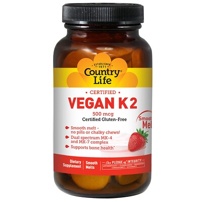 Country Life Веганский K2, со вкусом клубники, 500 мкг, 60 таблеток для рассасывания