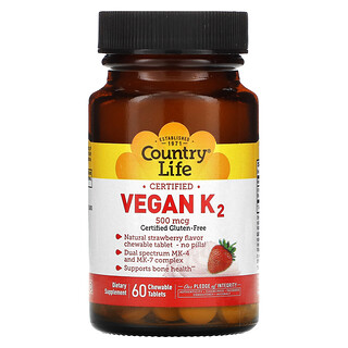 Country Life, Certified Vegan K2، بنكهة الفراولة، 500 مكجم، 60 قرصًا قابلًا للمضغ