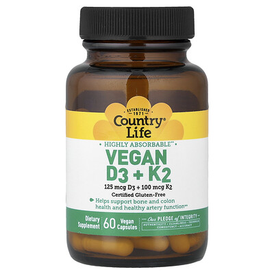 Country Life, Vitaminas D3 y K2 veganas, 60 cápsulas veganas