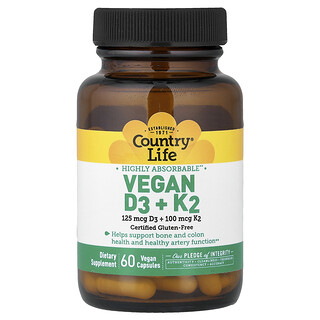 Country Life, Vitamines D3 et K2 végétariennes, 60 capsules végétariennes