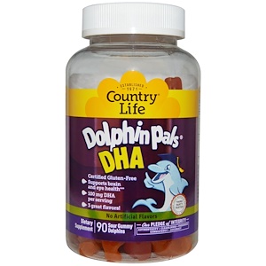 Country Life, Dolphin Pals, ДГК (докозагексаеновая кислота), 3 отличных вкуса, 90 кислых жевательных дельфинчиков