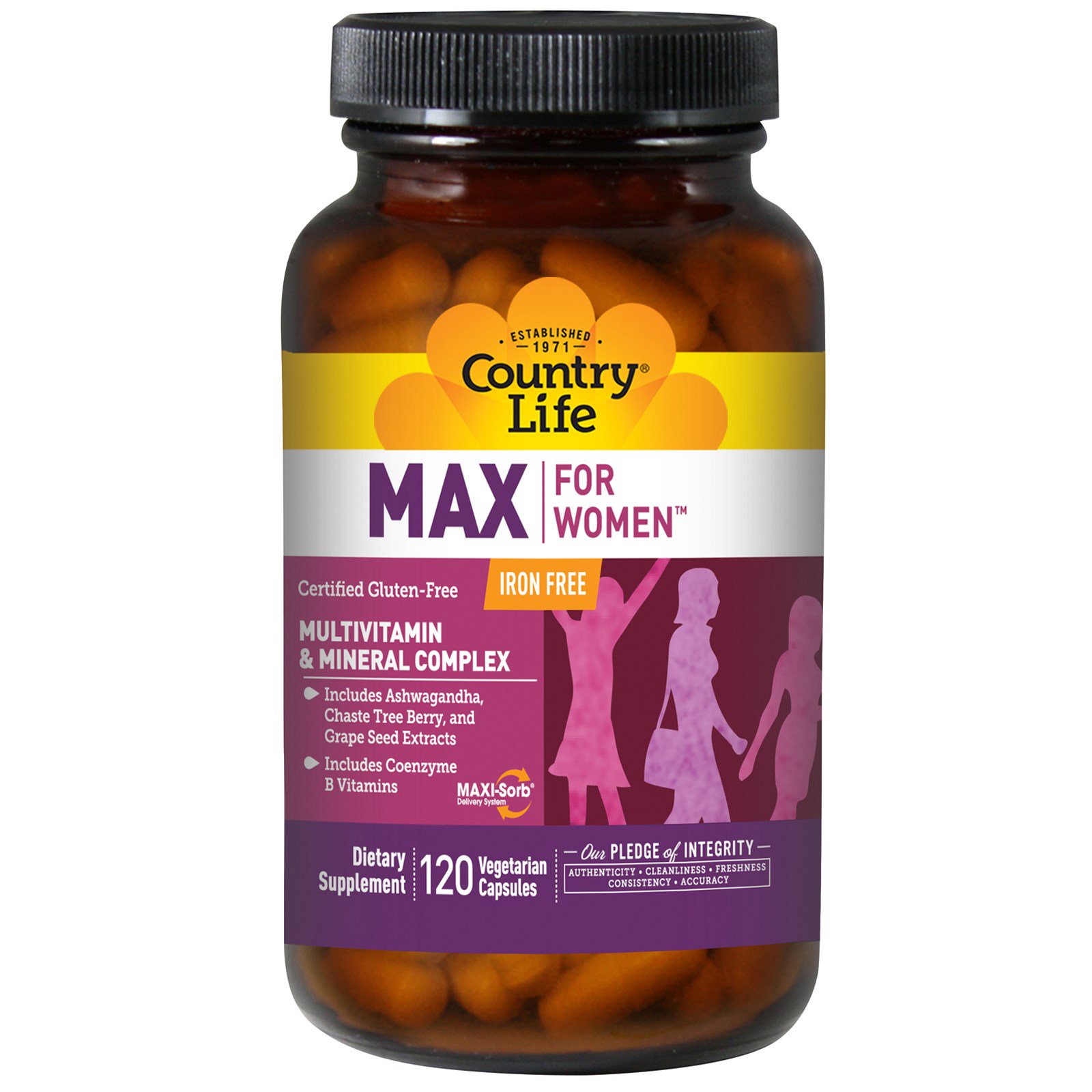 Country Life, Max, для женщин, мультивитаминный и минеральный комплекс, не содержит железа, 120 вегетарианских капсул