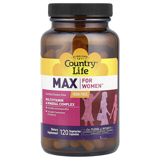 Country Life, Max for Women™, Complejo multivitamínico y mineral, Sin hierro, 120 cápsulas vegetales