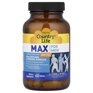 Country Life, Max for Men®, multivitamin- og mineralkompleks, jernfri, 60 tabletter