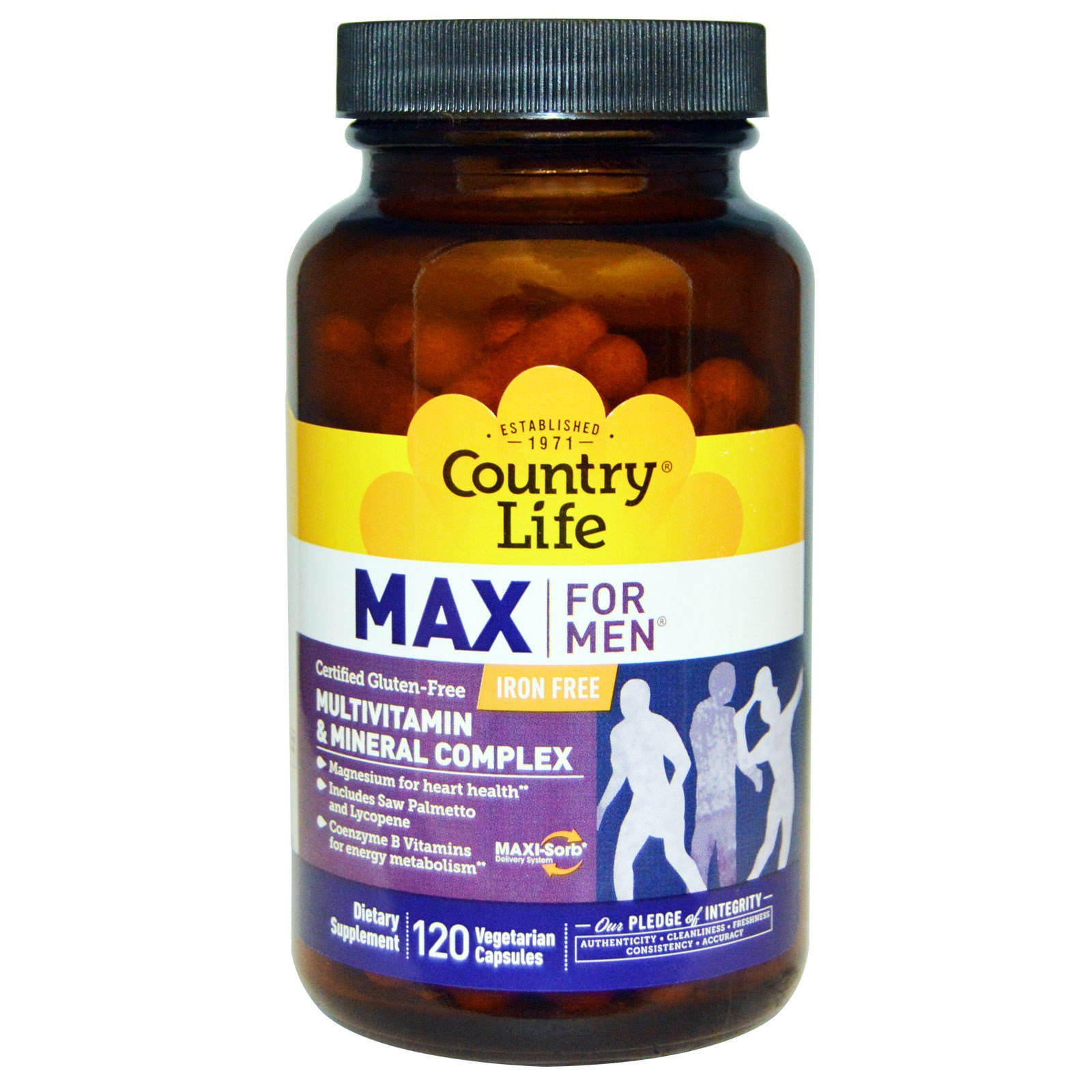 Country Life, Max для мужчин, Мультивитаминная и минеральная добавка без железа, 120 растительных капсул