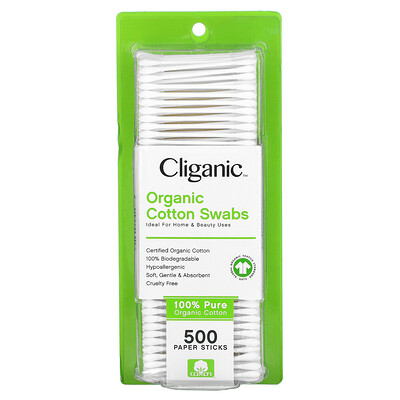Cliganic Organic Cotton Swabs, 500 Paper Sticks