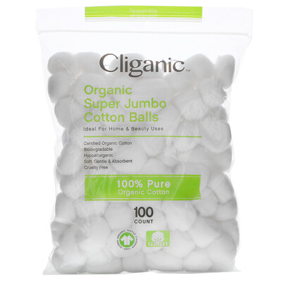 Cliganic Organic Super Jumbo Cotton Balls, 100 Count