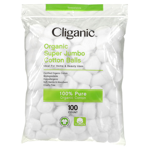 Cliganic‏, Organic Super Jumbo Cotton Balls, 100 Count