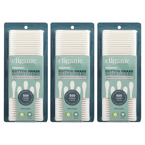 Cliganic Organic Cotton Swabs, 3 Packs, 500 Count Each