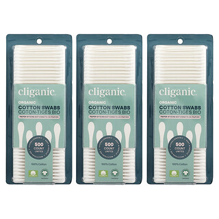 Cliganic, органические ватные палочки, 3 упаковки по 500 шт.