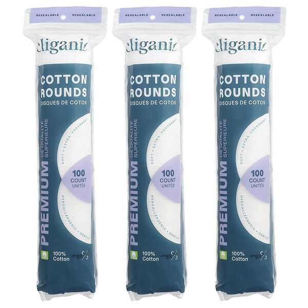 Cliganic Premium Cotton Rounds, 3 Packs, 100 Count Each