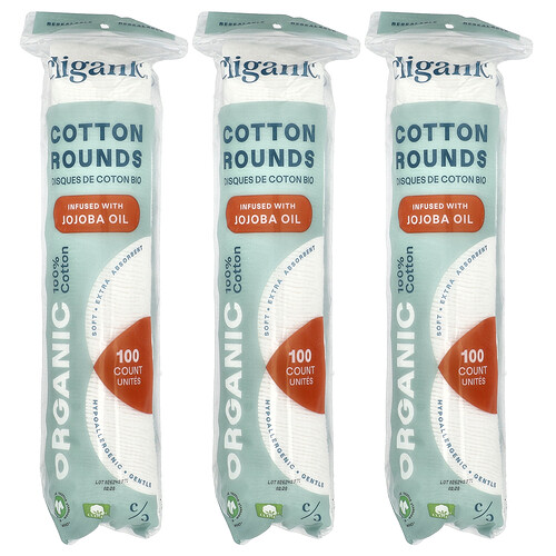 Cliganic, Biologische katoenen rondjes met jojoba-olie, 3 verpakkingen (100 katoenen rondjes) per stuk