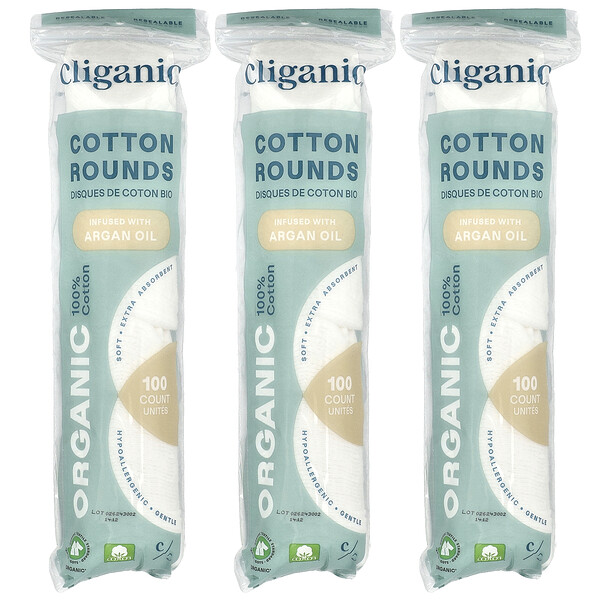 Cliganic Organic Cotton Rounds Infused With Argan Oil , 3 Packs, (100 Cotton Rounds) Each