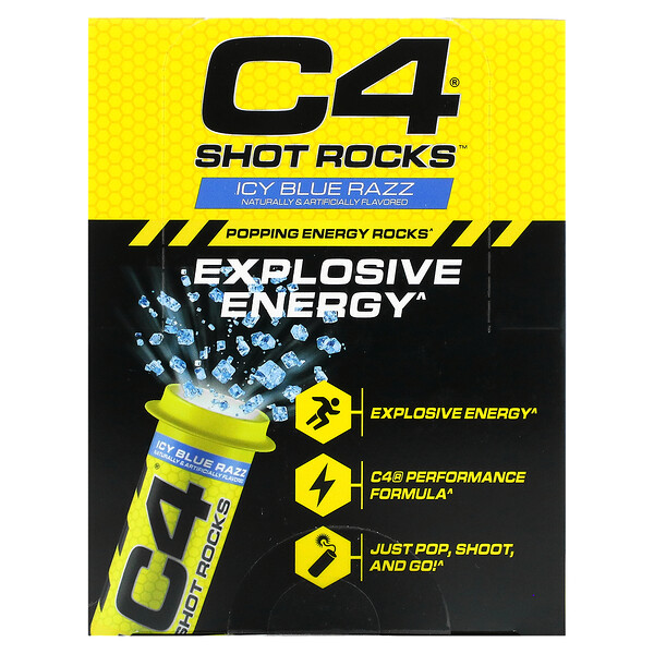 Cellucor‏, C4 Shot Rocks, ברד בטעם פטל, 12 בקבוקונים, כ-15 מ״ל כל אחד