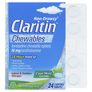 Claritin, Μη υπνηλία, μασώμενα δισκία λοραταδίνης, δροσερή μέντα, 10 mg, 24 μασώμενα δισκία