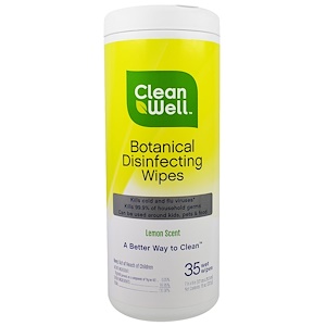 Купить Clean Well, Дезинфицирующие влажные салфетки с растительным компонентом, лимонный аромат, 35 влажных салфеток, 7 х 8 в (117. см х 20,3 см)  на IHerb