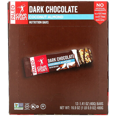 Caveman Foods Nutrition Bars темный шоколад кокос и миндаль 12 батончиков по 40 г (1 41 унции)