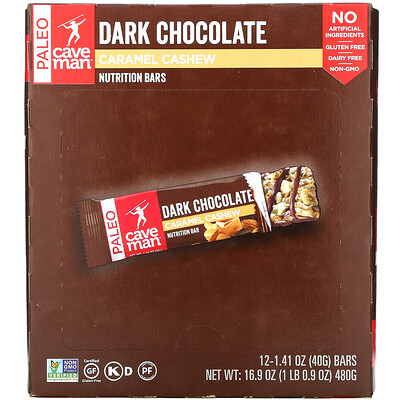 Caveman Foods Nutrition Bars темный шоколад карамель и кешью 12 батончиков по 40 г (1 41 унции)