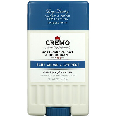 Cremo Anti-Perspirant & Deodorant, No.04, Blue Cedar & Cypress, 2.65 oz (75 g)