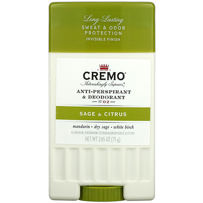 Cremo Anti-Perspirant & Deodorant, No. 2, Sage & Citrus, 2.65 oz (75 g)
