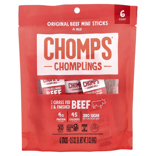 Chomps, Chomplings, Original Beef Mini Sticks, Mild, 6 Sticks, 0.5 oz (14 g) Each