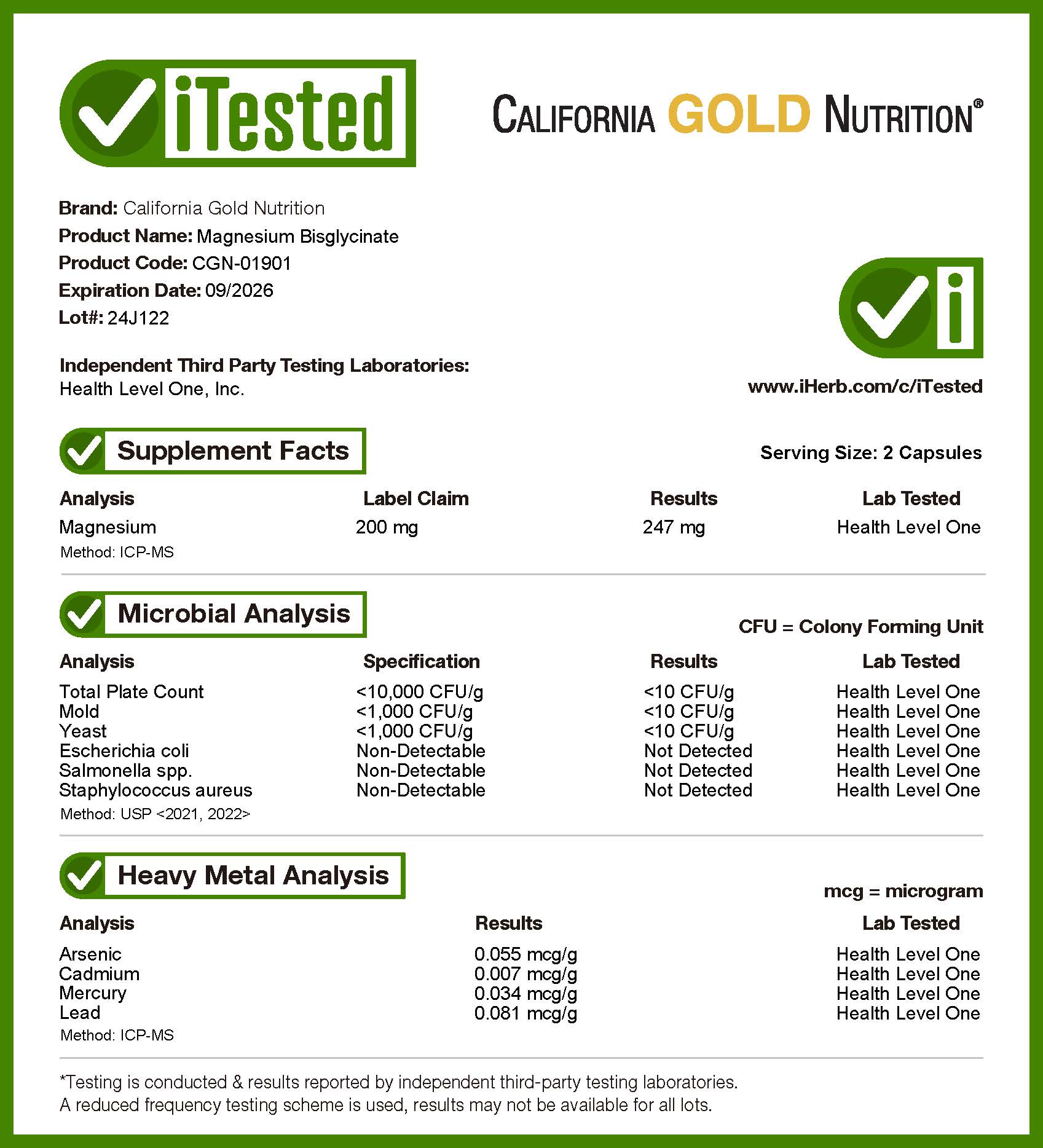 California Gold Nutrition, Magnesium Bisglycinate, 100 mg, 60