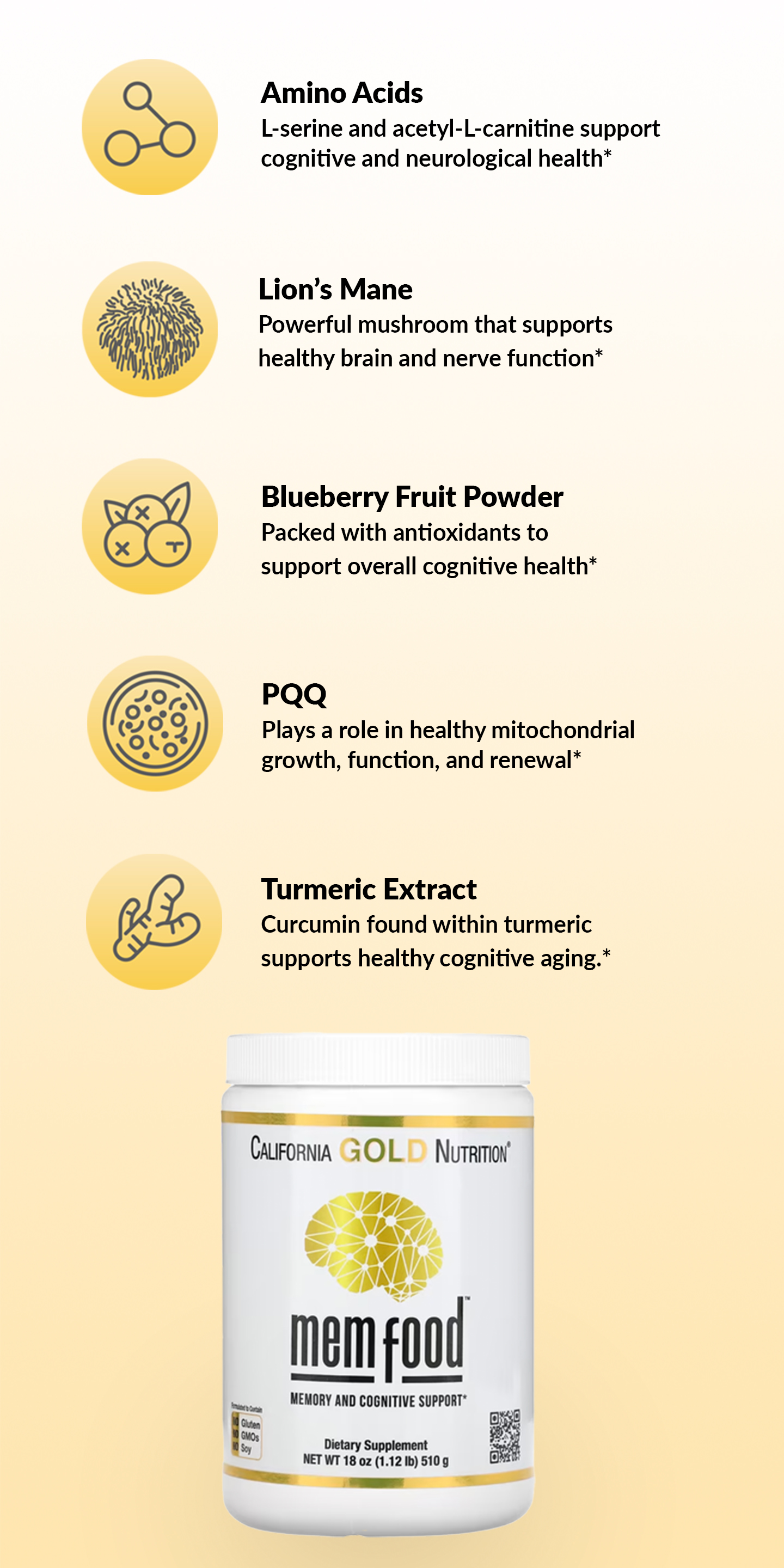 California Gold Nutrition‏, MEM Food, תמיכה בזיכרון ובקוגניציה, 510 גרם ...
