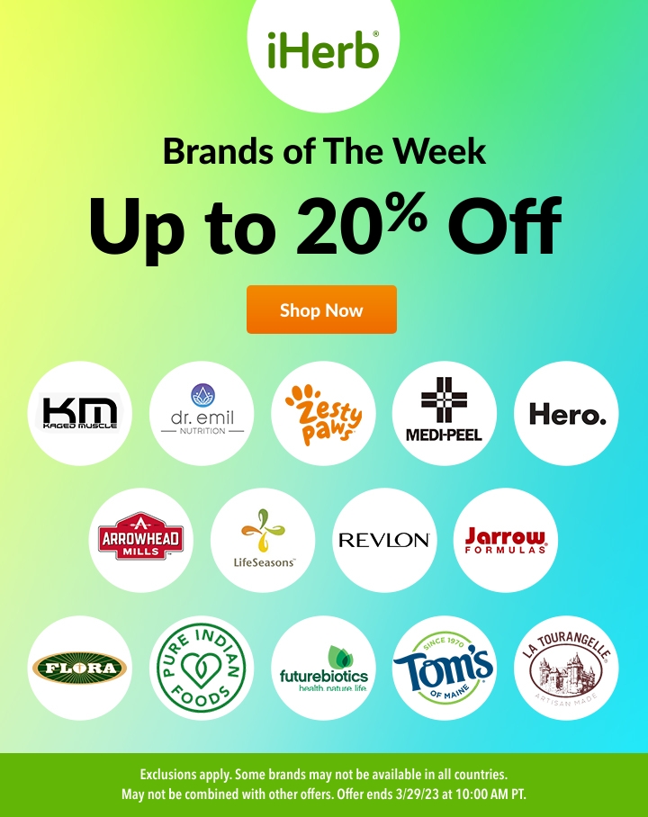 iHerb Brands of The Week Up to 20% Off ..' Km ,df-m, %gty t Hero. WJ' MEDI OURANG, 3 Lo a 9 I futurebiotics Tos " O up 