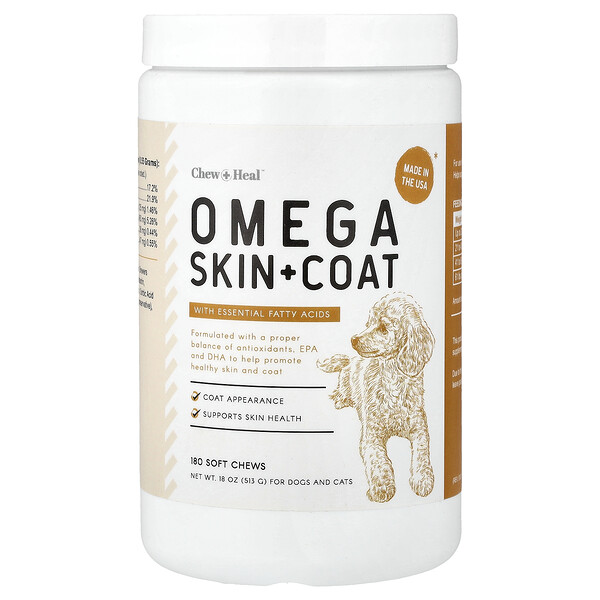 Chew + Heal Omega Skin + Coat, with Essential Fatty Acids, For Dogs and Cats, 180 Soft Chew, 18 oz (513 g)